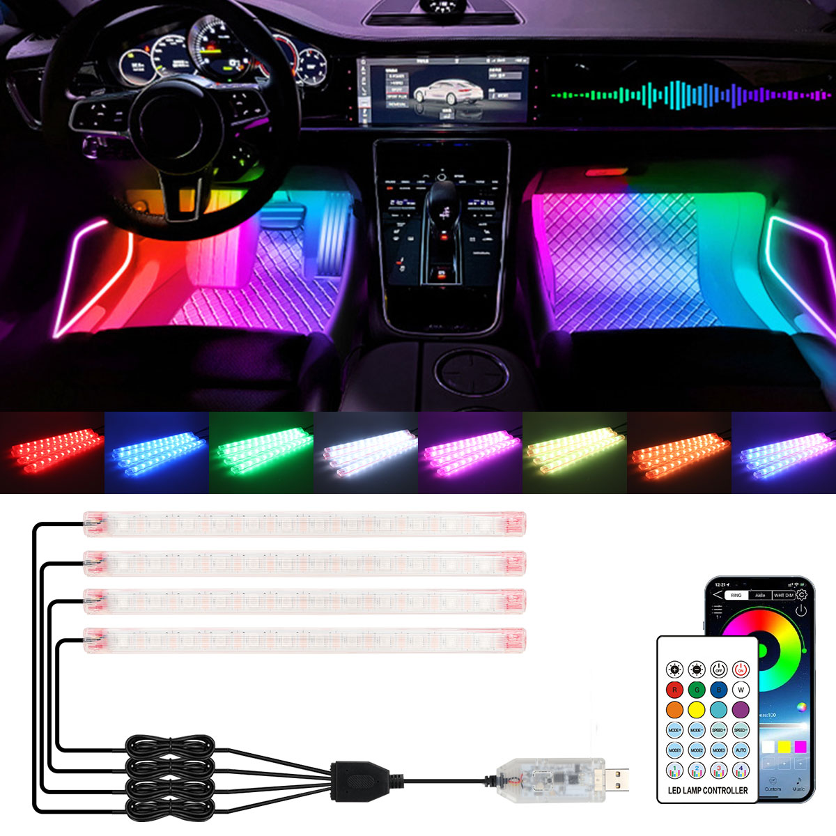 2/4in1 12/18 LED RGB Regenboge – Led Ambient Interior Car Lights App Control Bewertung und Preis